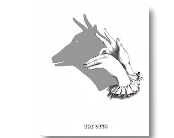 Deer Shadow Puppet Vintage Style Art Print Black and White Gray Nursery Woodland Stag Antlers