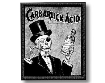Skeleton Carbarlick Acid Vintage Advertisement Style Art Print Skull Black and White Grey Halloween Goth Top Hat