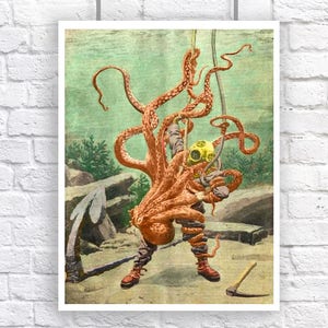 Diver Battles Octopus Deep Sea Diver Nautical Vintage Style Print Beach House Decor