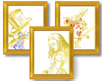 Alice in Wonderland The White Rabbit The Mad Hatter Large Gold Golden Art Print Set Lewis Carroll Nursery Metallic