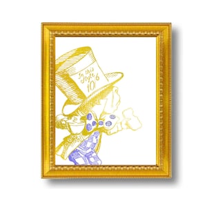 The Mad Hatter Alice in Wonderland Gold Golden Art Print Lewis Carroll Nursery Metallic Tea Blue Polka Dot image 1