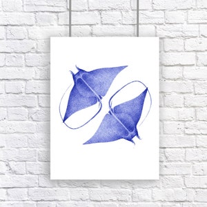 Blue Sting Ray Manta Ray Nautical Vintage Style Art Large Print Beach House Decor Twins image 1