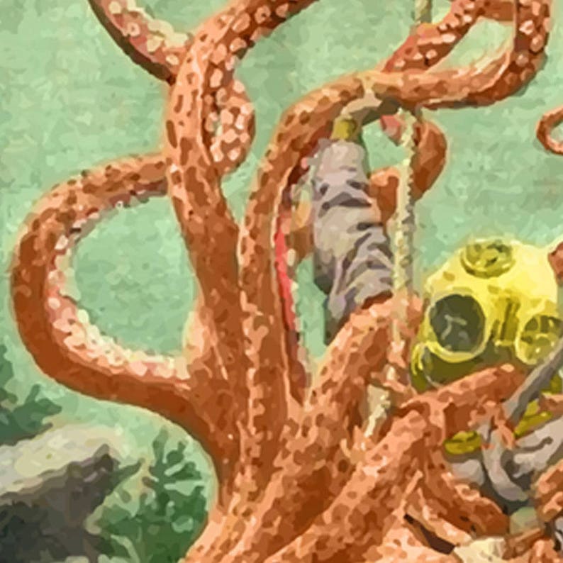 K&ouml;nnte beinhalten: Ein Taucher mit einem gelben Taucherhelm wird von einem gro&szlig;en, roten Kraken mit vielen Tentakeln angegriffen.
