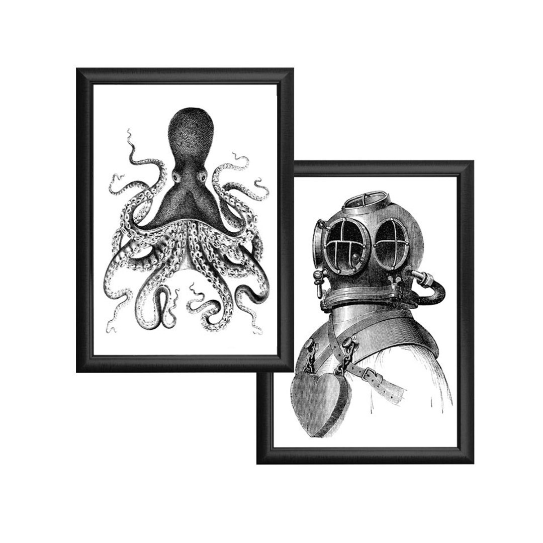 Octopus and Deep Sea Diver Nautical Vintage Style Print Set Black and ...