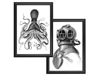 Octopus and Deep Sea Diver Nautical Vintage Style Print Set Black and White Grey Beach House Decor