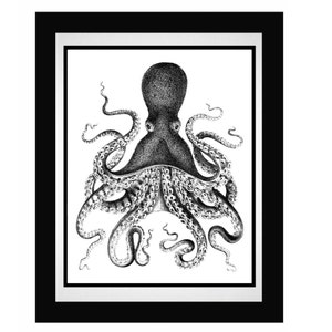 Octopus Nautical Vintage Style Art Print Black and White Grey Beach House Decor image 3