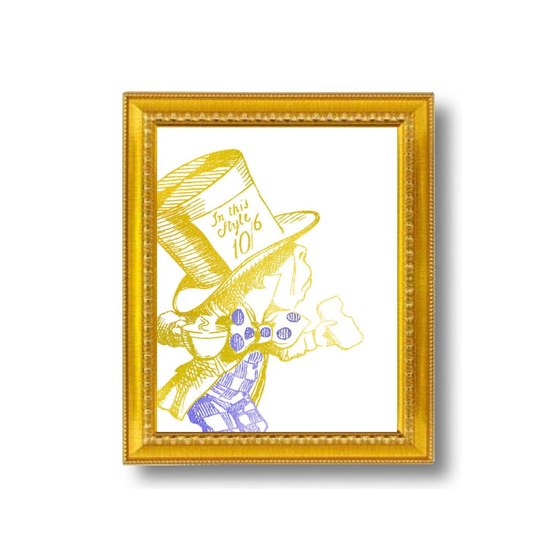 The Mad Hatter Alice in Wonderland Gold Golden Art Print Lewis Carroll Nursery Metallic Tea Blue Polka Dot image 1