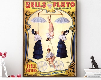 Circus Acrobats Umbrella Victorian Vintage Style Art Print Carnival Sells Floto Bicycle Bike