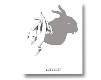 Shadow Puppet Rabbit Bunny Hare Vintage Style Art Print Black and White Gray Nursery