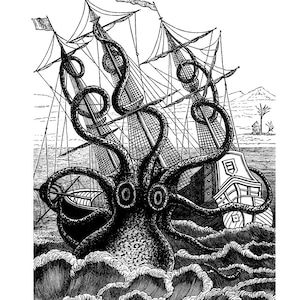 Giant Octopus Attacks Pirate Ship Nautical Vintage Style Art Print Black and White Grey Beach House Decor