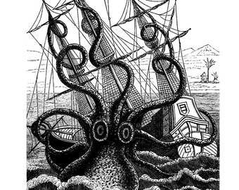 Giant Octopus Attacks Pirate Ship Nautical Vintage Style Art Print Black and White Grey Beach House Decor