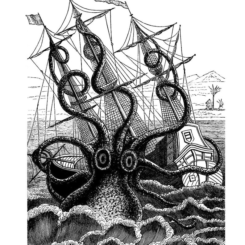 Giant Octopus Attacks Pirate Ship Nautical Vintage Style Art Print Black and White Grey Beach House Decor image 1