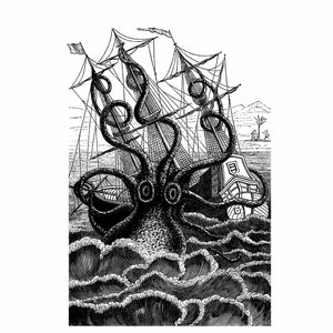 Giant Octopus Attacks Pirate Ship Nautical Vintage Style Art Print Black and White Grey Beach House Decor image 2