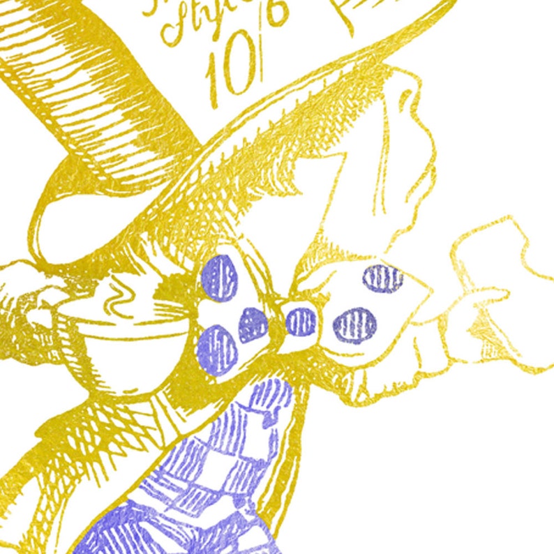 The Mad Hatter Alice in Wonderland Gold Golden Art Print Lewis Carroll Nursery Metallic Tea Blue Polka Dot image 3