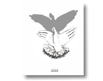 Shadow Puppet Bird Vintage Style Art Print Black and White Gray Nursery