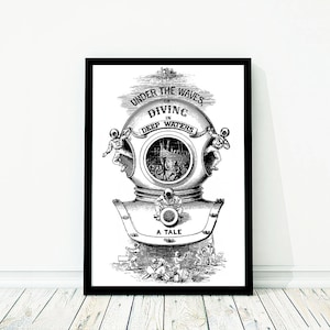Large Deep Sea Diving Helmet Nautical Vintage Style Print Black and White Grey Beach House Decor