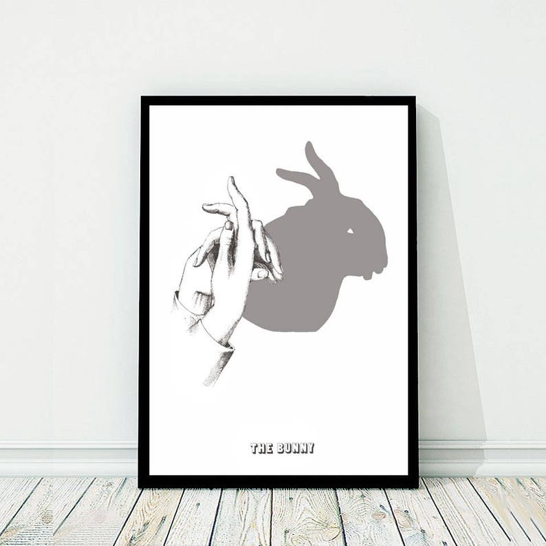 Shadow Puppet Rabbit Bunny Hare Vintage Style Art Print Black and White