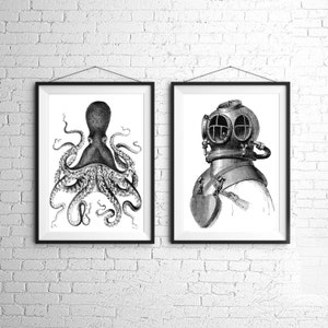 Oktopus und Tiefseetaucher, großes nautisches Druckset im Vintage-Stil, Schwarz-Weiß-Grau, Strandhaus-Dekoration