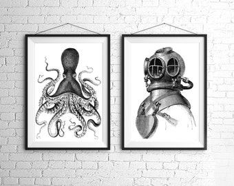 Octopus en diepzeeduiker grote nautische vintage stijl print set zwart-wit grijs strandhuis decor