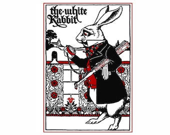 The White Rabbit Alice in Wonderland Vintage Art Print Red and Black and White Lewis Carroll Nursery