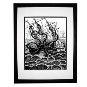 Giant Octopus Attacks Pirate Ship Nautical Vintage Style Art Print Black and White Grey Beach House Decor image 3