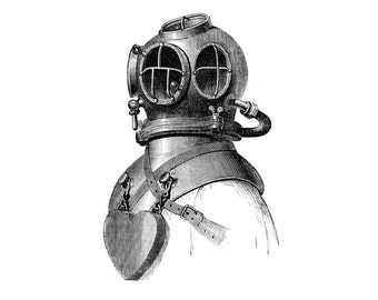 Deep Sea Diver Nautical Vintage Style Print Black and White Grey Beach House Decor