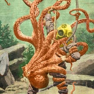 K&ouml;nnte beinhalten: Ein Taucher mit einem gelben Helm wird von einem gro&szlig;en orangefarbenen Kraken mit vielen Tentakeln angegriffen. Der Krake wickelt seine Tentakel um den K&ouml;rper und den Helm des Tauchers. Die Szene spielt unter Wasser mit Felsen und Algen im Hintergrund.