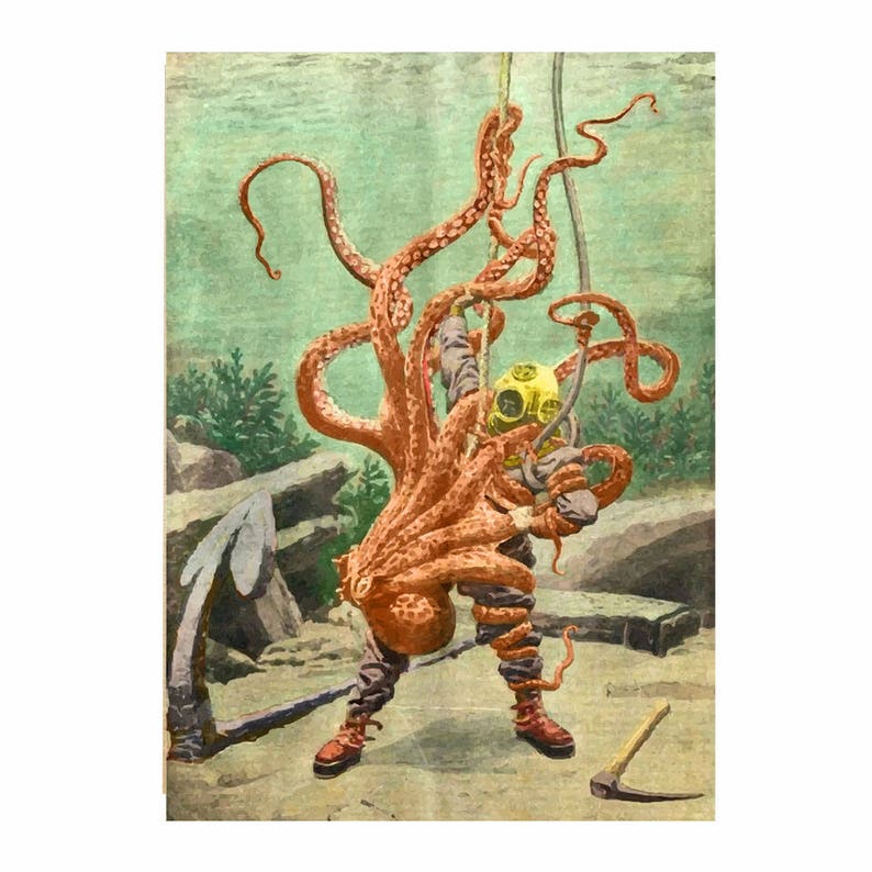 K&ouml;nnte beinhalten: Eine Illustration eines Tauchers in einem Taucheranzug, der von einem Tintenfisch angegriffen wird. Der Tintenfisch hat seine Tentakel um den K&ouml;rper des Tauchers gewickelt. Der Taucher h&auml;lt eine Spitzhacke in einer Hand. Die Szene spielt sich unter Wasser mit einem Anker im Hintergrund ab.