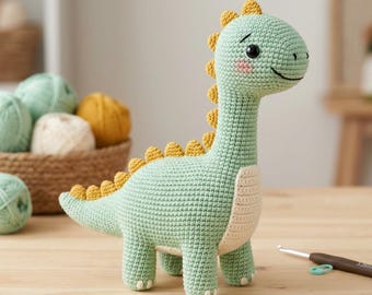 Patrón de ganchillo de dinosaurio de cuello largo, patrón de ganchillo de amigurumi de dinosaurio brontosaurio, patrón de ganchillo de juguete de peluche de dinosaurio, animal de peluche de dinosaurio