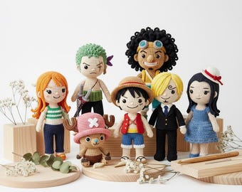 7 in 1 Pirates Crochet Pattern Bundle, One piece Inspired Crochet Dolls, Anime Doll Pattern, Straw Hat, Luffy Zoro Nami Chopper Sanji Brook