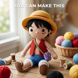May include: A crocheted doll of a character wearing a yellow hat with a red band, a red vest, blue shorts, and brown sandals. The doll has black hair and a small purple bag. The text "YOU CAN MAKE THIS" is at the top of the image.
