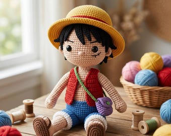 Patrón de ganchillo de Luffy en PDF, patrón de muñeco amigurumi pirata, patrón de ganchillo del niño del sombrero de paja, patrón de ganchillo de Monkey D. Luffy inspirado en One Piece