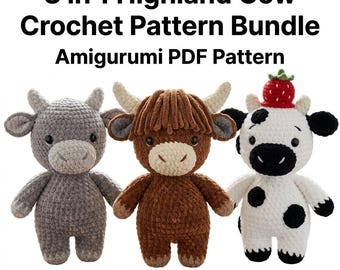 Paquete de patrones de ganchillo 3 en 1 para vacas: vaca lechera y toro amigurumi, patrón de ganchillo de vaca de las Tierras Altas, vaca gris y vaca manchada, animales de peluche de granja.