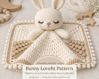 Patrón de conejito de peluche a crochet en PDF, patrón de manta de seguridad para bebé, edredón de conejito amigurumi, regalo moderno para habitación de bebé (descarga digital)