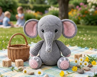 Patrón de ganchillo de elefante en PDF, Patrón de peluche de elefante amigurumi adorable, Patrón de animal de ganchillo para principiantes, Tutorial de peluche de elefante de safari