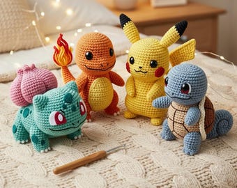 6 in 1 Pokémon Crochet Pattern Bundle, Amigurumi Pokémon Inspired Crochet Tutorial, Pikachu Charmander Squirtle Bulbasaur Oddish Pokeball