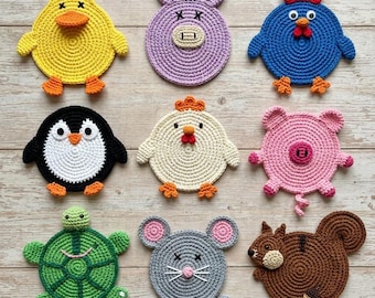 9 in 1 Animal Crochet Coaster Patterns Bundle PDF | Cute Amigurumi Mug Rug Coasters | Beginner Friendly Cup Holder | Farm & Woodland Animals