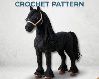 Patrón de caballo negro realista a crochet, patrón de caballo amigurumi, juguete de peluche de caballo de pie, patrón de poni a crochet del Año del Caballo