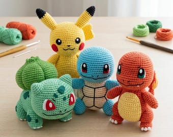 Pokémon Inspired Amigurumi Crochet Pattern PDF Bundle | Pokemon Crochet Pattern Tutorial | Pokeball, Pikachu, Charmander, Squirtle & Oddish