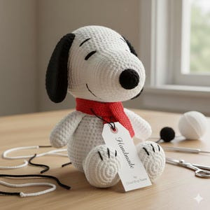 May include: A handmade white and black crochet Snoopy plush toy with a red scarf. The toy has a black nose and ears, and a tag that says "Handmade". The plush is sitting on a wooden surface.