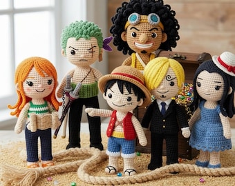 Paquete de 7 patrones de ganchillo de piratas, patrón de muñeco de anime, sombrero de paja, muñecos de ganchillo inspirados en One Piece, Luffy, Zoro, Nami, Chopper, Sanji y Brook