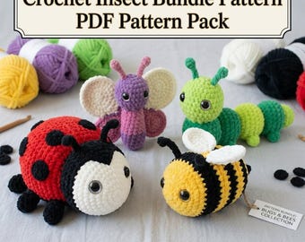 Paquete de patrones de insectos a crochet, patrón de amigurumi de mariquita, abeja, mariposa y oruga, patrones de crochet para principiantes para juguetes de peluche, patrón de animales salvajes