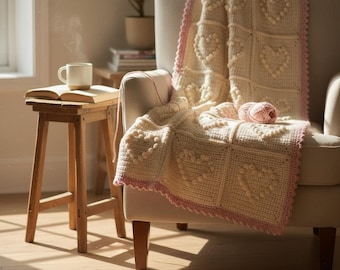 Patrón de manta de ganchillo con corazones y burbujas cuadradas de la abuela, patrón de manta afgana con motivos de corazones, manta de ganchillo con punto de burbuja, ideas para regalos de San Valentín