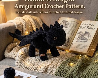Patrón de ganchillo del dragón Desdentado en PDF, patrón de amigurumi del dragón Furia Nocturna, peluche de dragón de ganchillo, inspirado en Cómo entrenar a tu dragón.