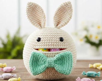 Patrón de cesta de ganchillo para guardar huevos de Pascua (PDF), cesta de Pascua con orejas de conejo, minicesta de conejo amigurumi, regalo de decoración de Pascua de primavera a ganchillo
