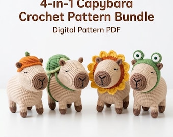 Paquete de patrón de ganchillo de capibara 4 en 1, patrón de amigurumi de mochila de capibara PDF, peluche de capibara kawaii, patrón de ganchillo de juguete lindo de carpincho