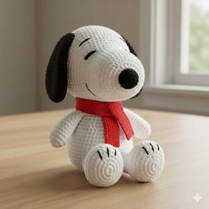 以下が含まれることがあります： 黒い耳、鼻、目、赤いスカーフが付いた、手作りの白いかぎ針編みのスヌーピーのぬいぐるみ。ぬいぐるみは窓の近くの木製の表面に座っています。おもちゃは、ピーナッツ漫画の人気のキャラクターです。
