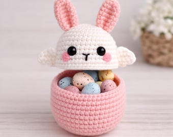 Patrón de huevo de conejito a crochet, patrón de tazón de dulces de Pascua, patrón de mini huevo de conejito amigurumi a crochet, decoración de Pascua a crochet DIY, decoración de mesa de primavera