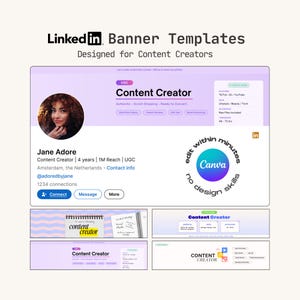 Peut inclure: Une collection numérique de modèles de bannières LinkedIn pour créateurs de contenu, avec une mise en page violette et blanche et des éléments textuels comme Content Creator, Jane Adore et la marque Canva pour les profils.