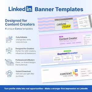 May include: Four LinkedIn banner templates for content creators featuring editable Canva designs. The graphics display text including Content Creator, social media strategies, and platform details in blue, pink, and white color schemes for professional profiles.